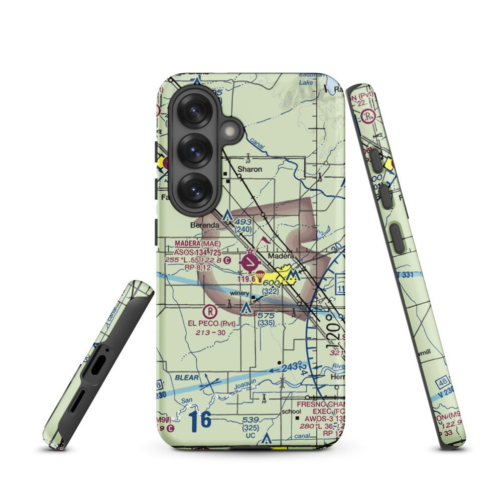 Madera Municipal Airport (MAE) VFR Sectional Samsung Phone Case Samsung Galaxy S25 model shown