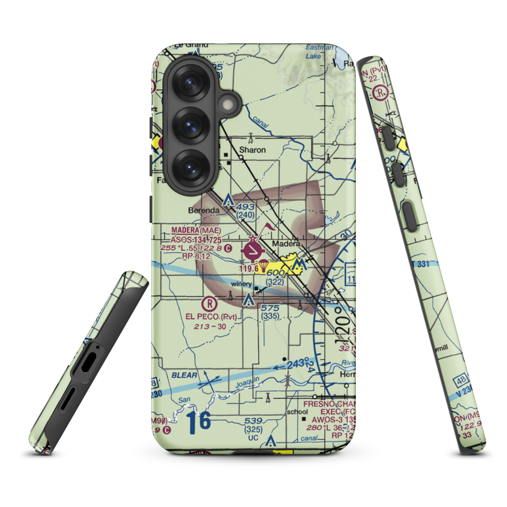 Madera Municipal Airport (MAE) VFR Sectional Samsung Phone Case Samsung Galaxy S25 Plus model shown