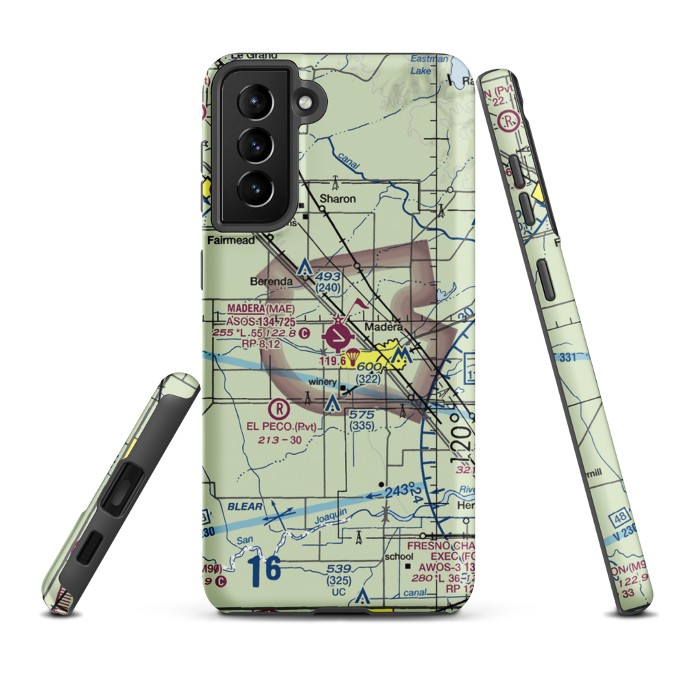 Madera Municipal Airport (MAE) VFR Sectional Samsung Phone Case Samsung Galaxy S21 FE model shown