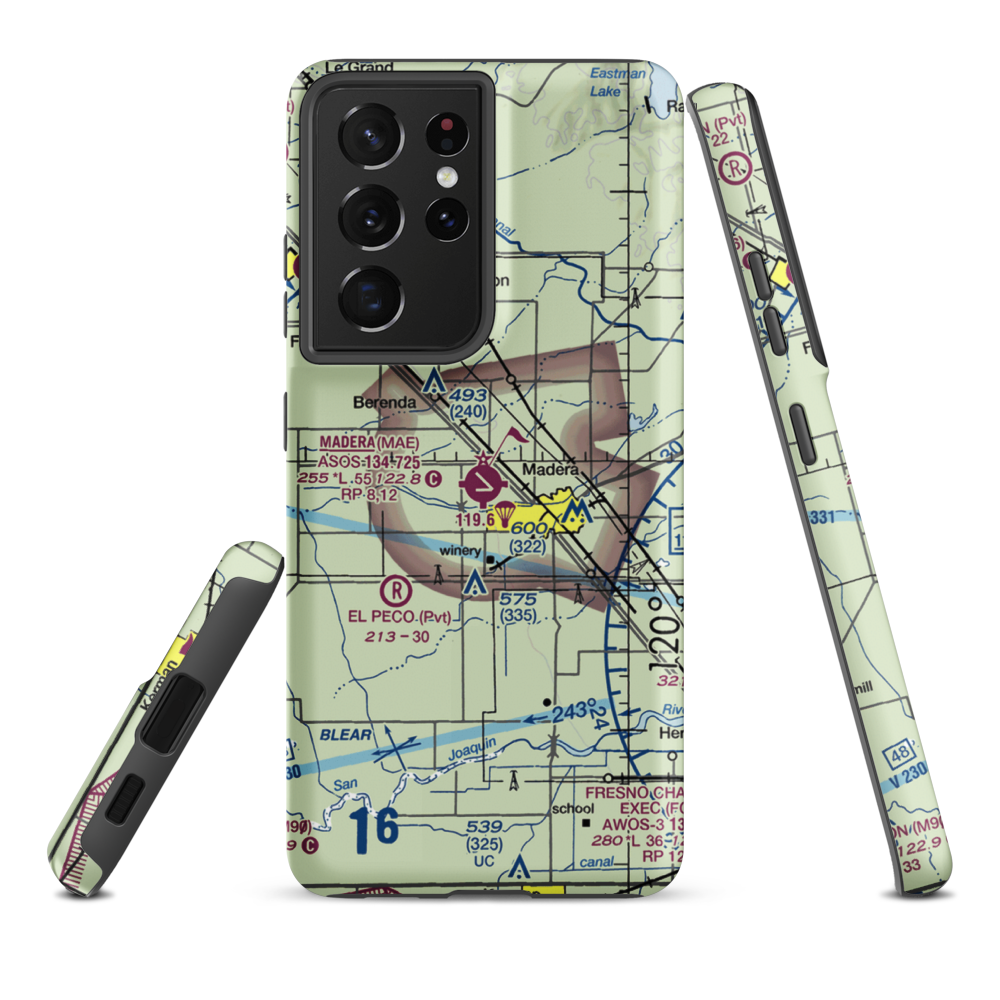 Madera Municipal Airport (MAE) VFR Sectional Samsung Phone Case Samsung Galaxy S21 Plus model shown