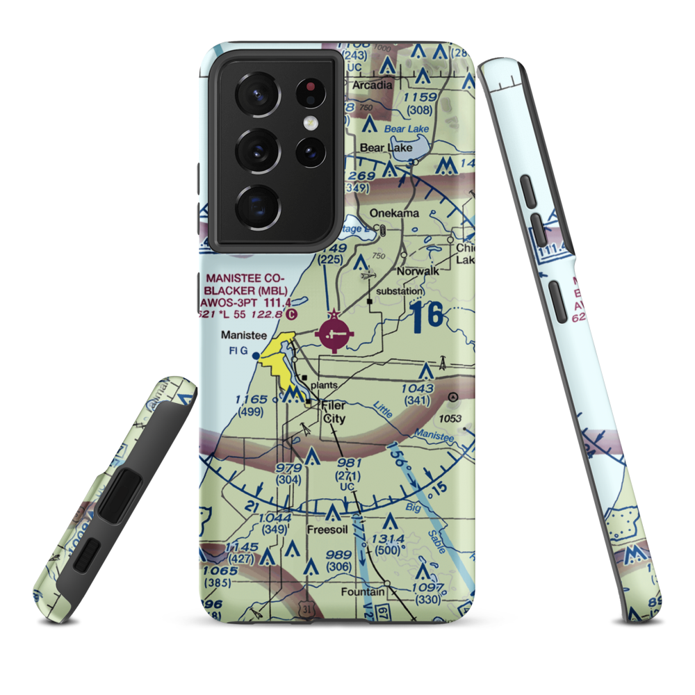 Manistee Co Blacker Airport (MBL) VFR Sectional Samsung Phone Case Samsung Galaxy S21 Ultra model shown