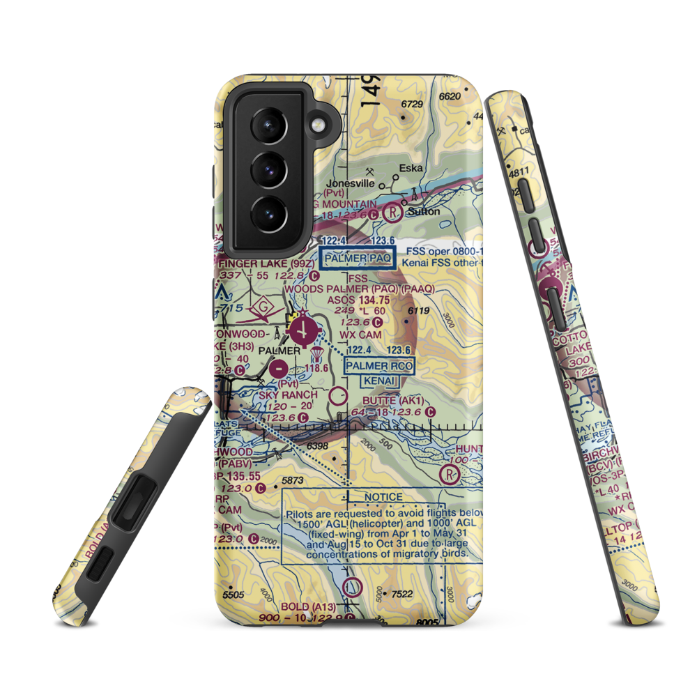 Maud Road Strip Airport (74AK) VFR Sectional Samsung Phone Case Samsung Galaxy S21 FE model shown