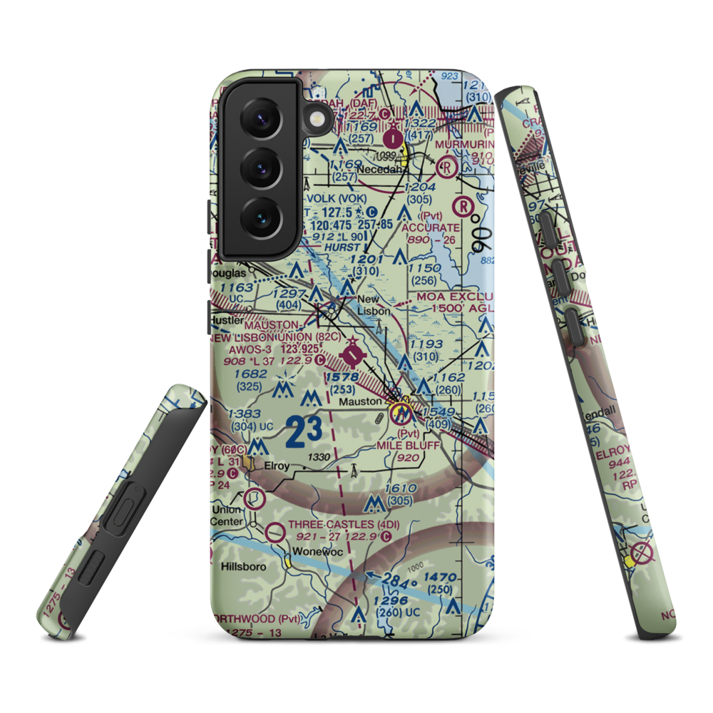 Mauston New Lisbon Union Airport (82C) VFR Sectional Samsung Phone Case Samsung Galaxy S22 Plus model shown