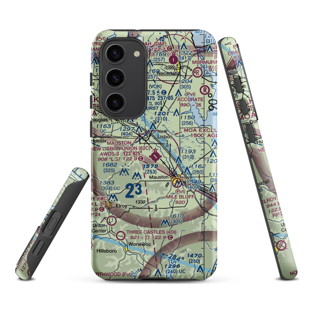 Mauston New Lisbon Union Airport (82C) VFR Sectional Samsung Phone Case Samsung Galaxy S23 Plus model shown