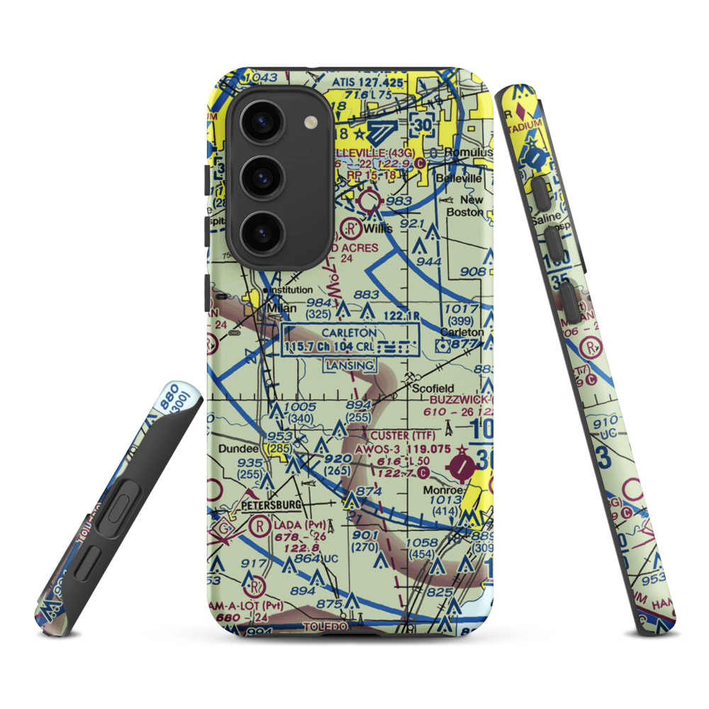 Maybee Airport (60MI) VFR Sectional Samsung Phone Case Samsung Galaxy S23 Plus model shown