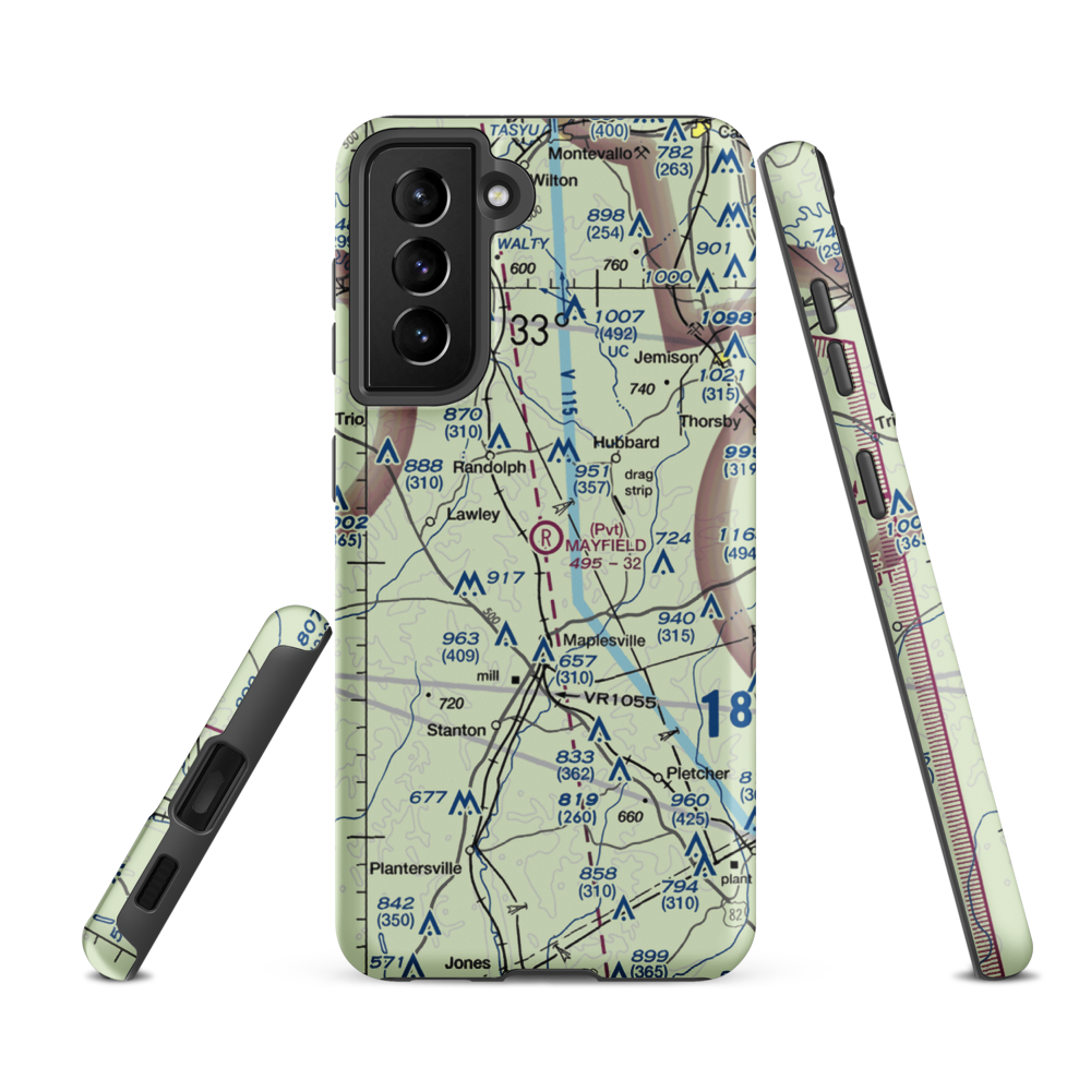 Mayfield (Private) Airport (AL76) VFR Sectional Samsung Phone Case Samsung Galaxy S21 FE model shown