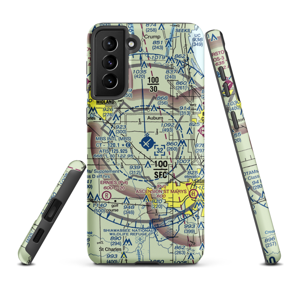 MBS International Airport (MBS) VFR Sectional Samsung Phone Case Samsung Galaxy S21 Plus model shown