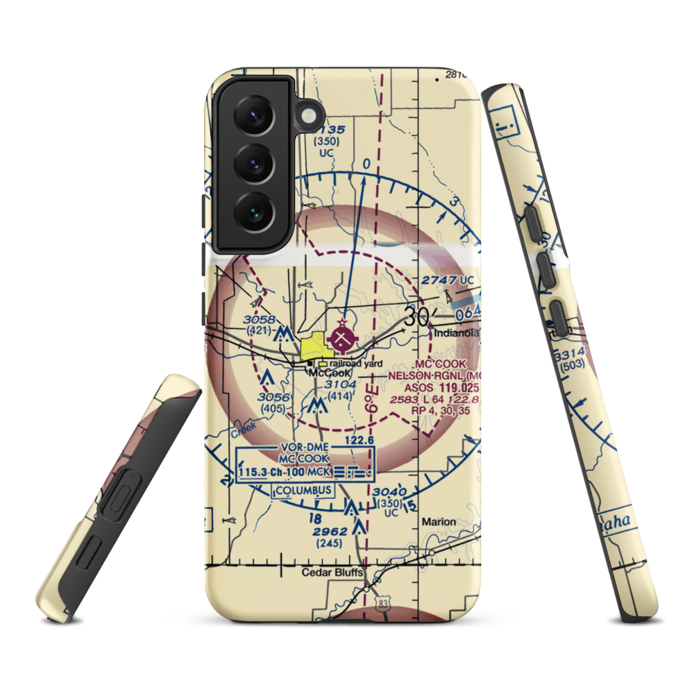 Mc Cook Ben Nelson Regional Airport (MCK) VFR Sectional Samsung Phone Case Samsung Galaxy S22 Plus model shown