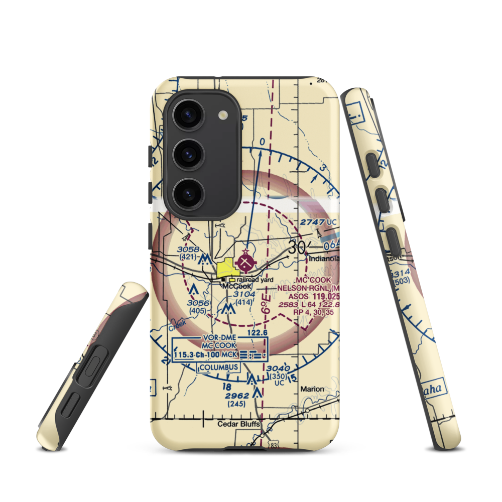 Mc Cook Ben Nelson Regional Airport (MCK) VFR Sectional Samsung Phone Case Samsung Galaxy S23 model shown