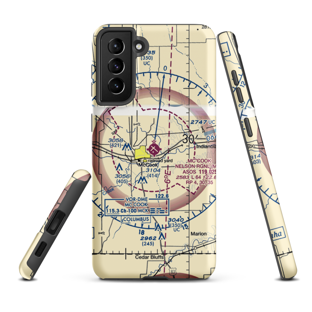 Mc Cook Ben Nelson Regional Airport (MCK) VFR Sectional Samsung Phone Case Samsung Galaxy S21 Plus model shown