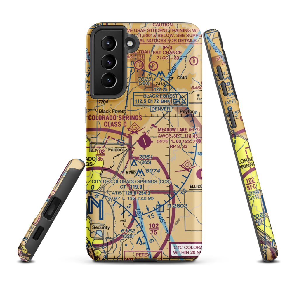 Meadow Lake Airport (FLY) VFR Sectional Samsung Phone Case Samsung Galaxy S21 Plus model shown