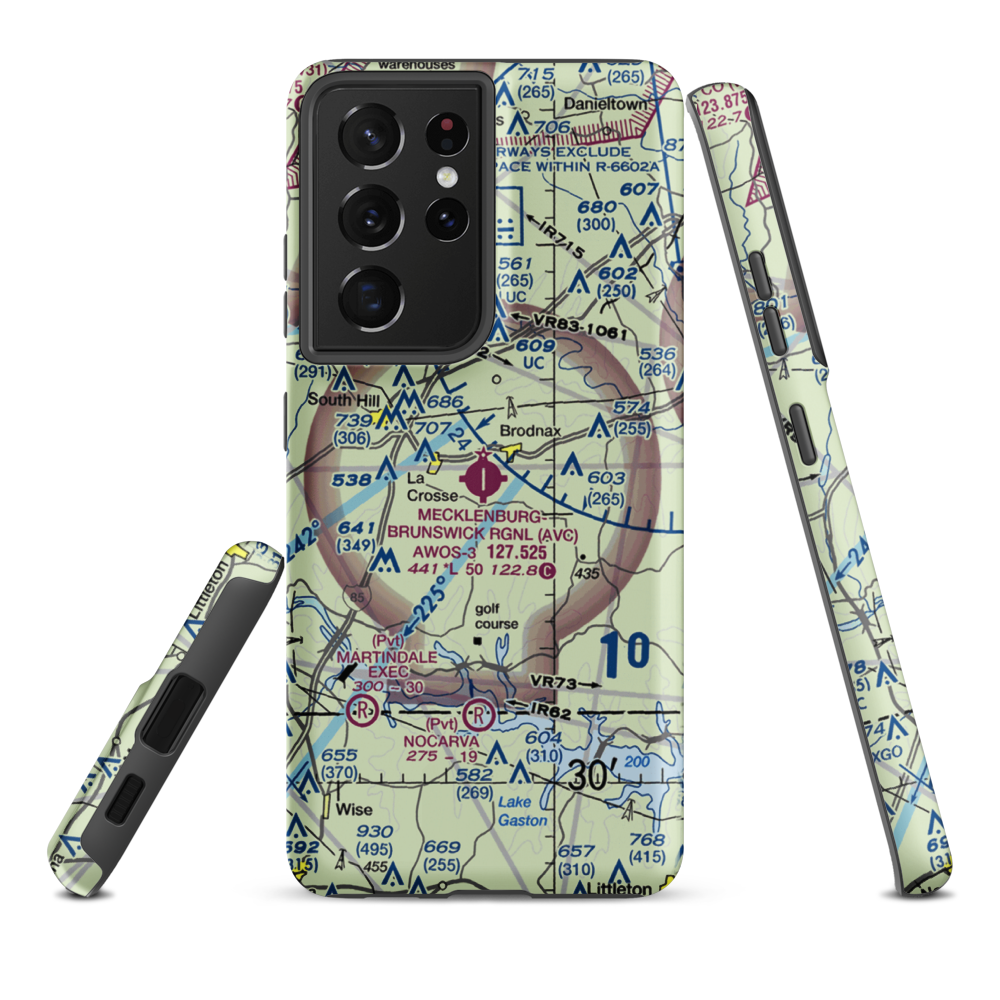 Mecklenburg Brunswick Regional Airport (AVC) VFR Sectional Samsung Phone Case Samsung Galaxy S21 Plus model shown