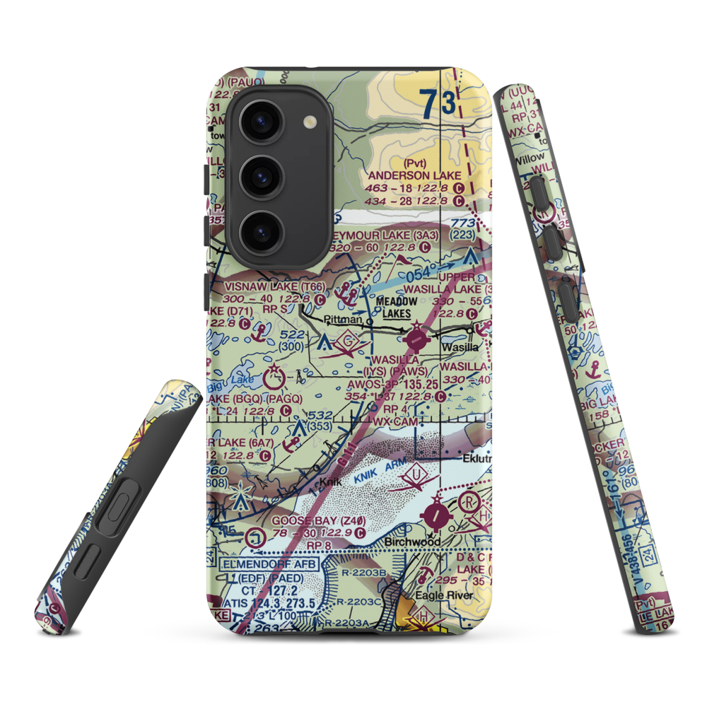 Mels Airport (38AK) VFR Sectional Samsung Phone Case Samsung Galaxy S23 Plus model shown