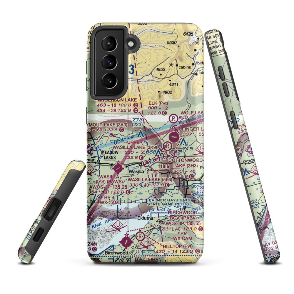 Memory Lake Seaplane Base (69AK) VFR Sectional Samsung Phone Case Samsung Galaxy S21 Plus model shown