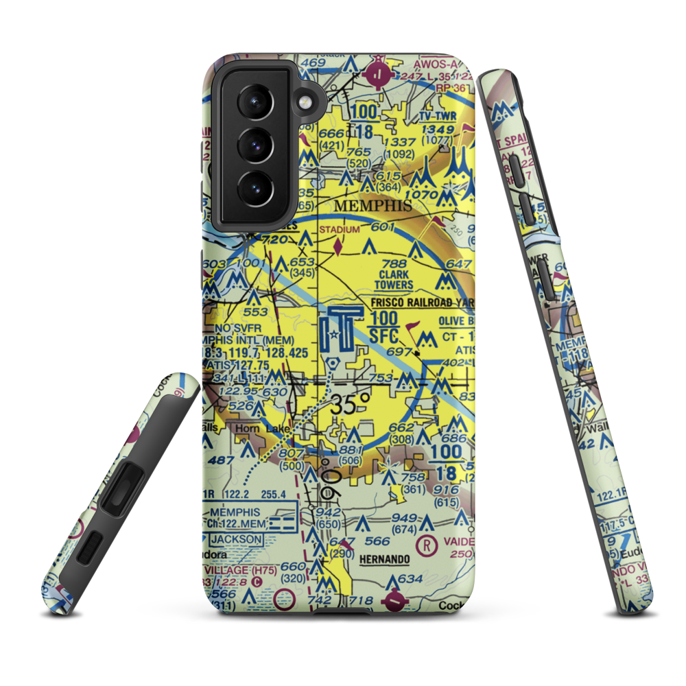 Memphis International Airport (MEM) VFR Sectional Samsung Phone Case Samsung Galaxy S21 Plus model shown