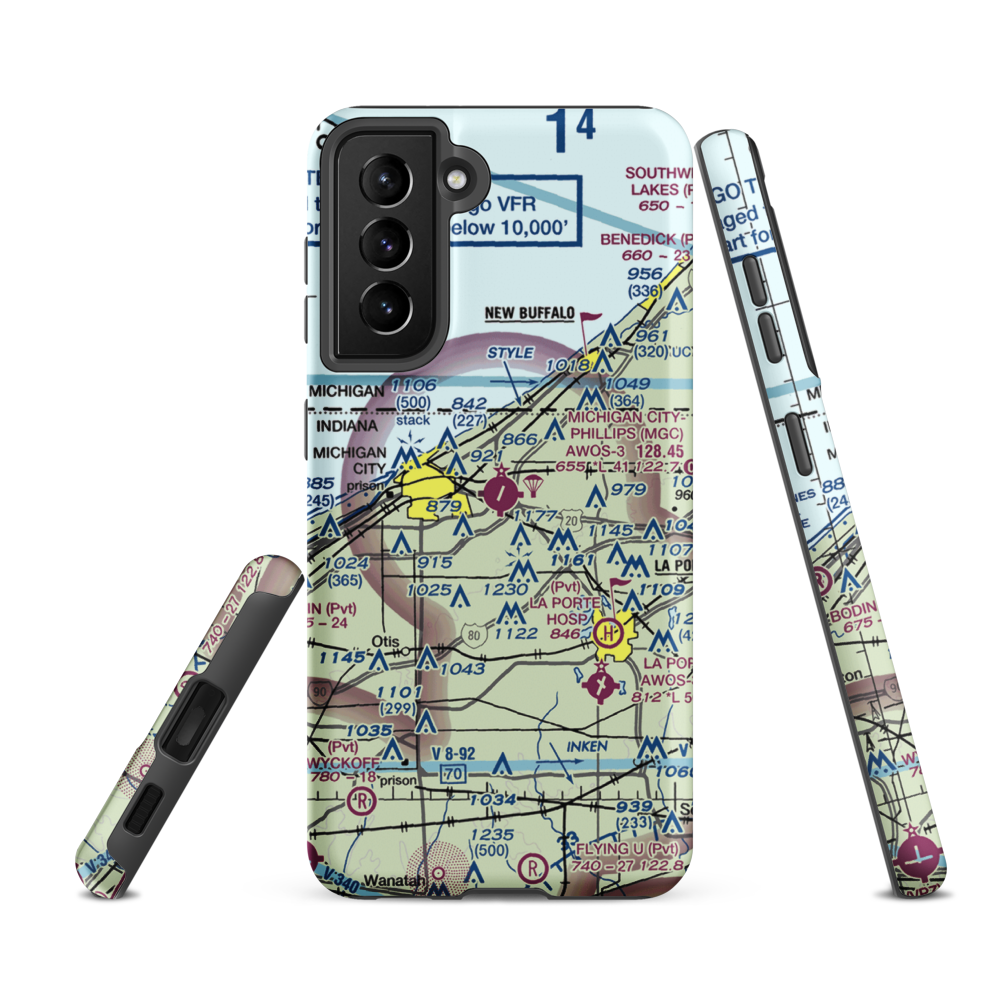 Michigan City Municipal Airport (MGC) VFR Sectional Samsung Phone Case Samsung Galaxy S21 FE model shown