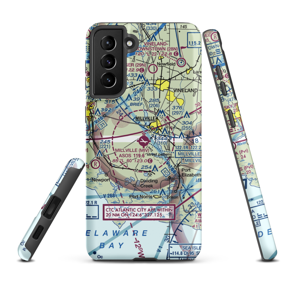 Millville Municipal Airport (MIV) VFR Sectional Samsung Phone Case Samsung Galaxy S21 FE model shown