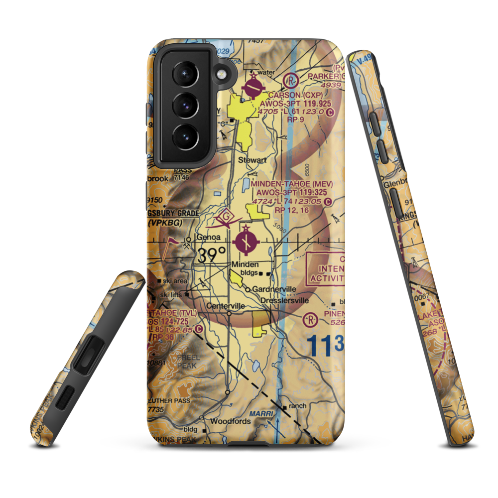 Minden-Tahoe Airport (MEV) VFR Sectional Samsung Phone Case Samsung Galaxy S21 Plus model shown