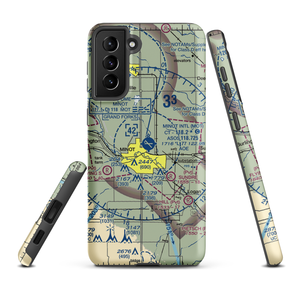 Minot International Airport (MOT) VFR Sectional Samsung Phone Case Samsung Galaxy S21 FE model shown