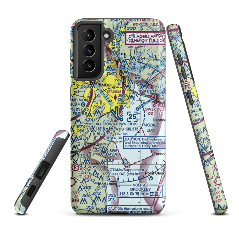 Mobile Downtown Airport (BFM) VFR Sectional Samsung Phone Case Samsung Galaxy S21 Plus model shown