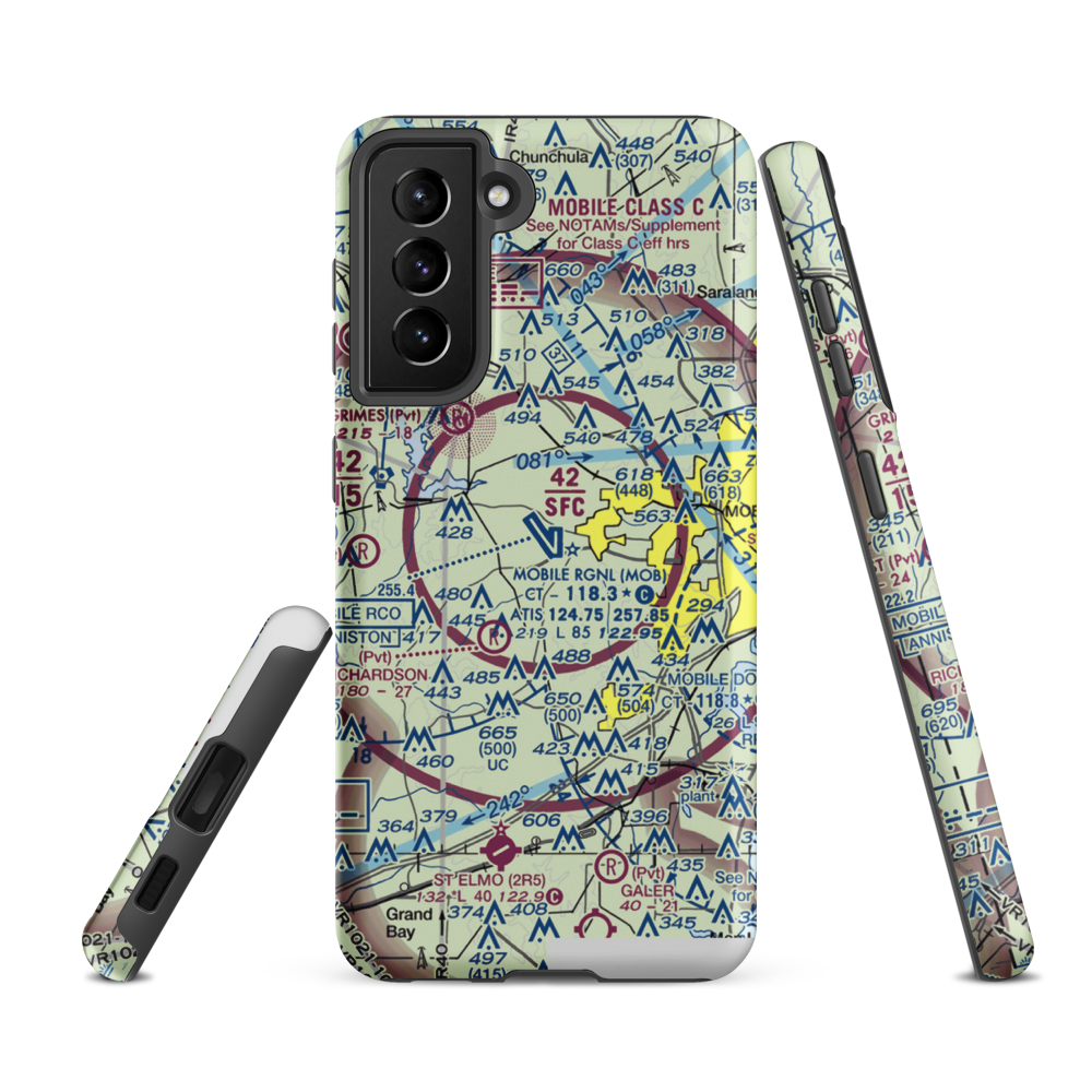 Mobile Regional Airport (MOB) VFR Sectional Samsung Phone Case Samsung Galaxy S21 FE model shown