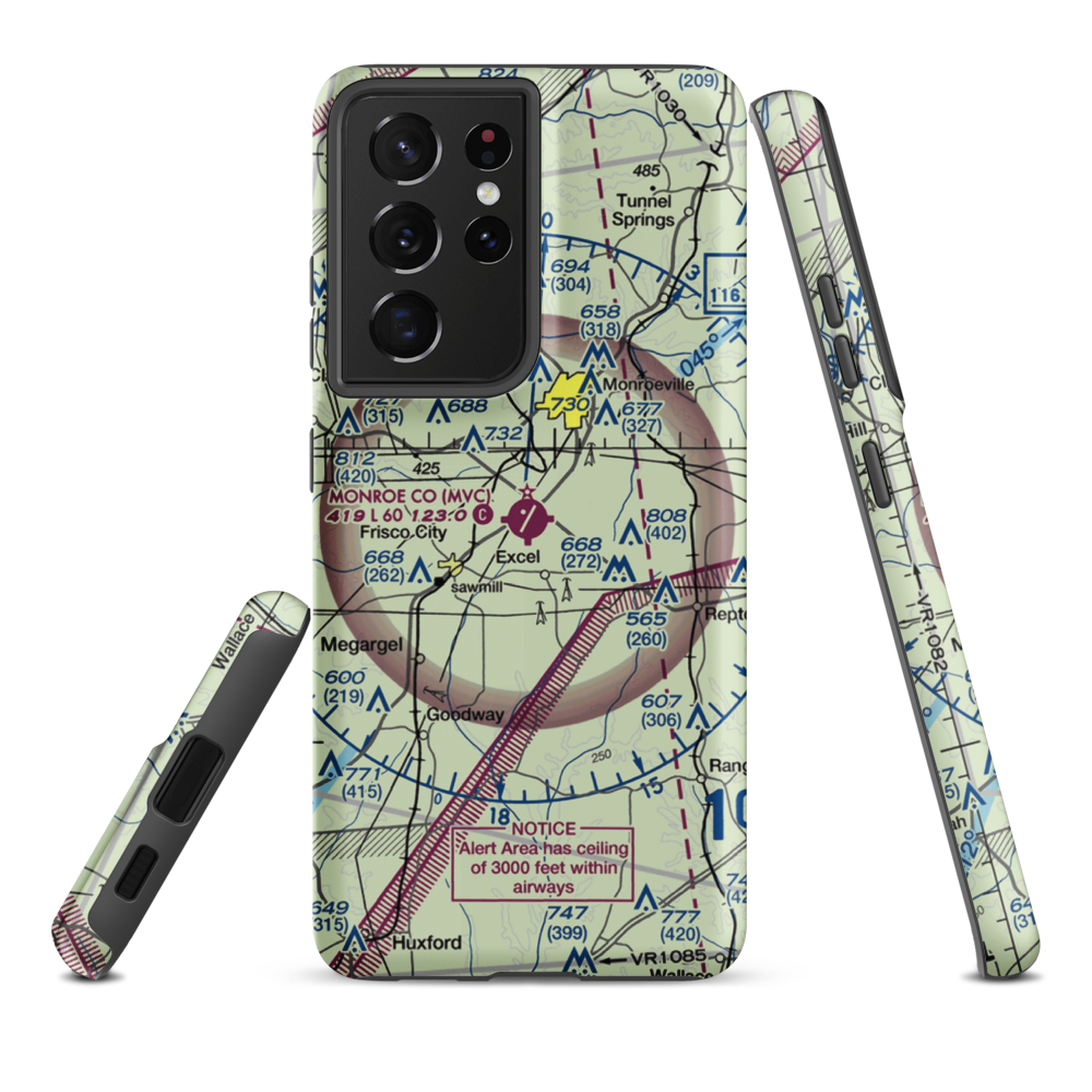 Monroe County Aeroplex Airport (MVC) VFR Sectional Samsung Phone Case Samsung Galaxy S21 Ultra model shown