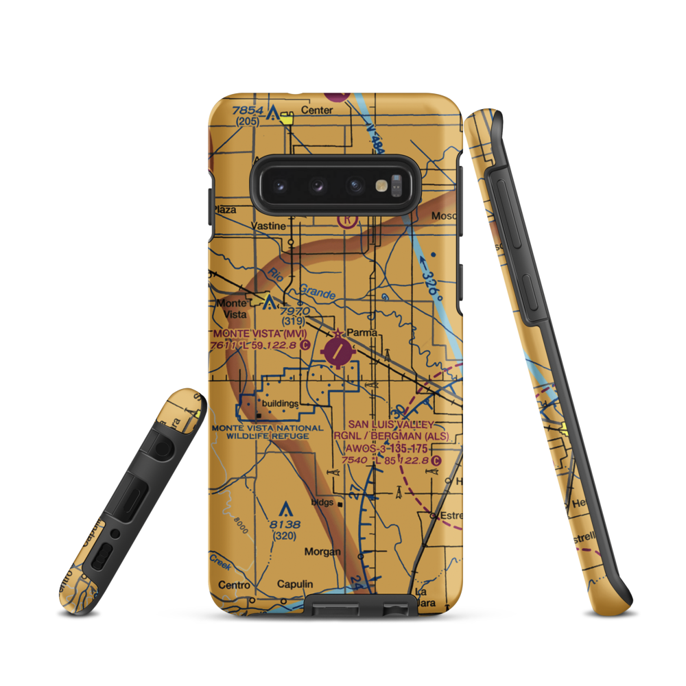 Monte Vista Municipal Airport (MVI) VFR Sectional Samsung Phone Case Samsung Galaxy S10 model shown