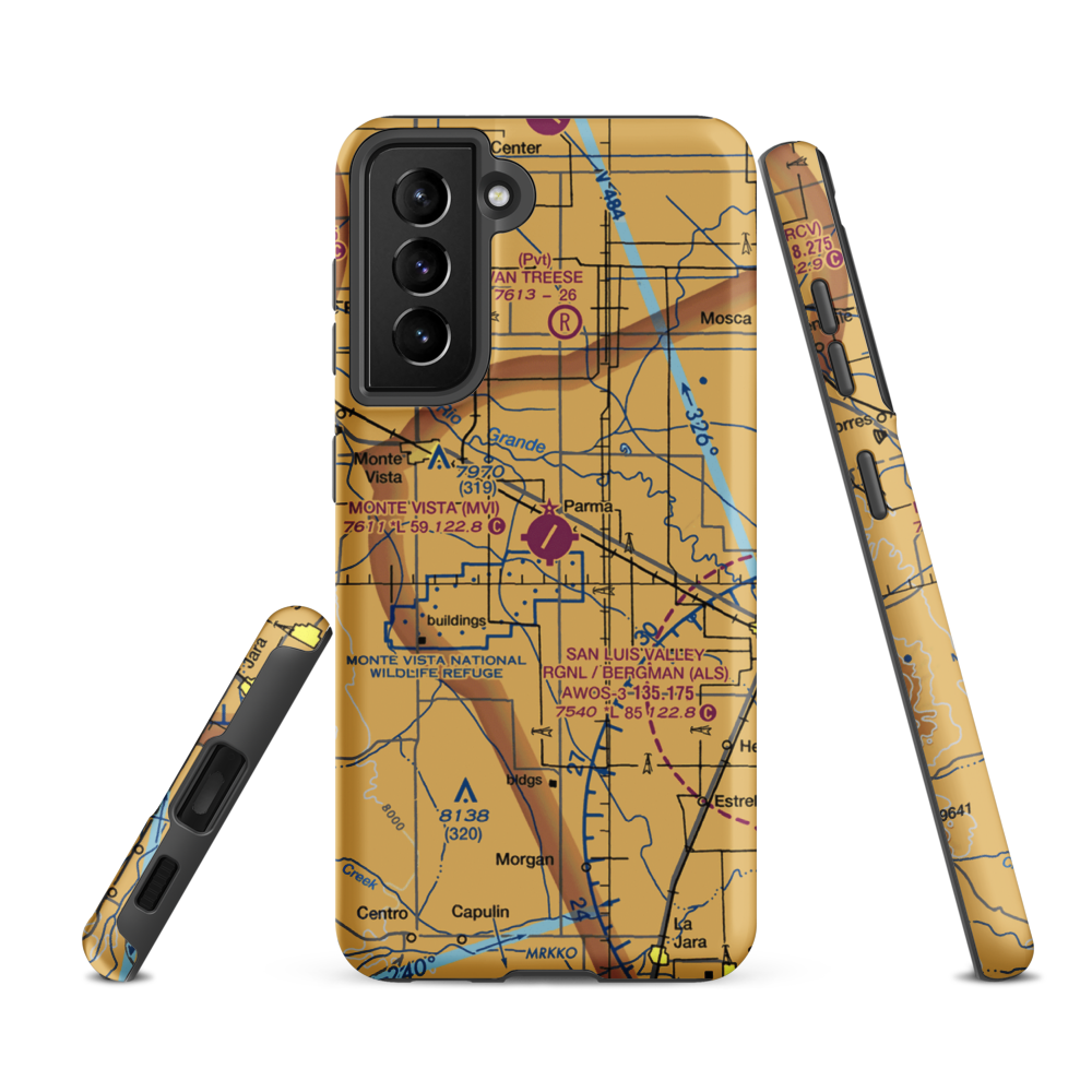 Monte Vista Municipal Airport (MVI) VFR Sectional Samsung Phone Case Samsung Galaxy S21 FE model shown