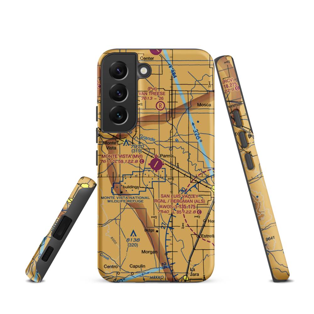 Monte Vista Municipal Airport (MVI) VFR Sectional Samsung Phone Case Samsung Galaxy S22 model shown