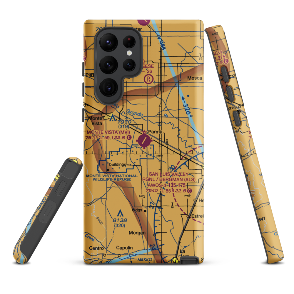 Monte Vista Municipal Airport (MVI) VFR Sectional Samsung Phone Case Samsung Galaxy S22 Ultra model shown