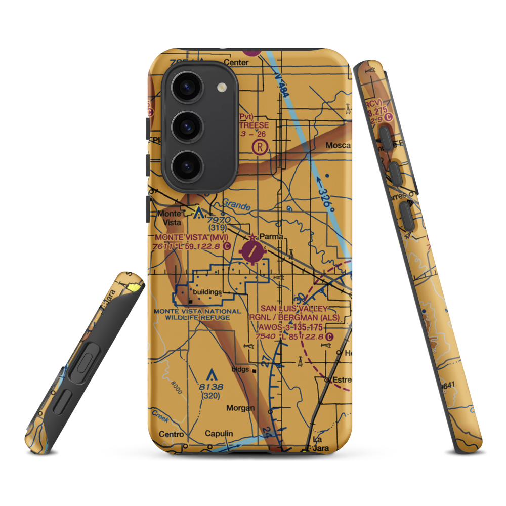Monte Vista Municipal Airport (MVI) VFR Sectional Samsung Phone Case Samsung Galaxy S23 Plus model shown