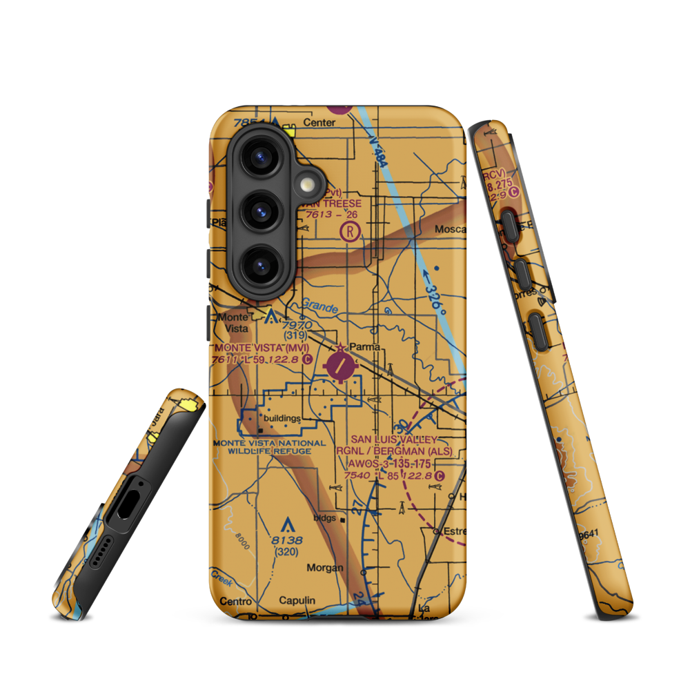 Monte Vista Municipal Airport (MVI) VFR Sectional Samsung Phone Case Samsung Galaxy S24 model shown