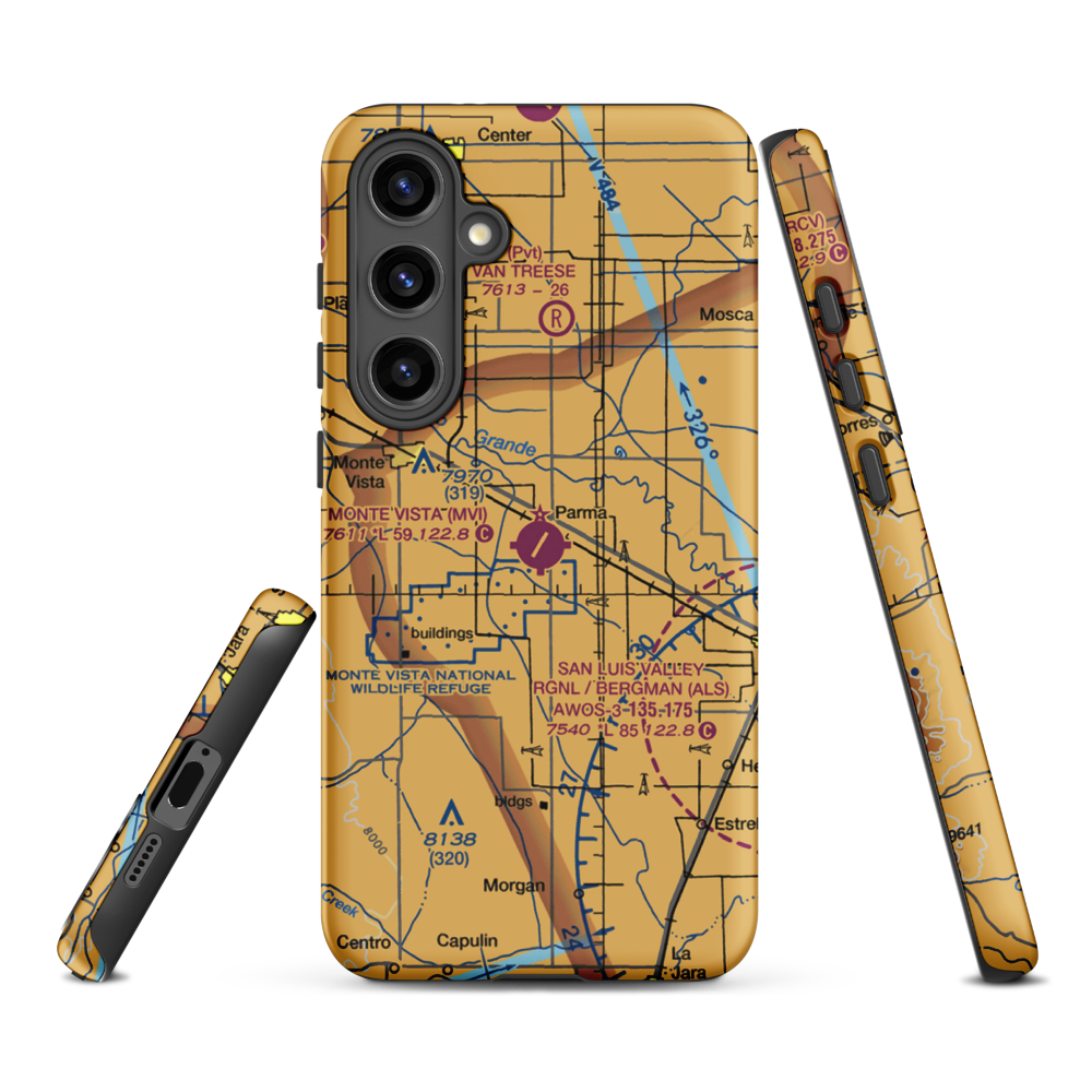 Monte Vista Municipal Airport (MVI) VFR Sectional Samsung Phone Case Samsung Galaxy S24 Plus model shown