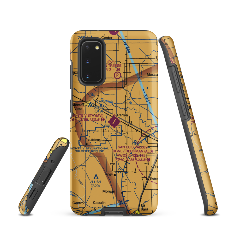 Monte Vista Municipal Airport (MVI) VFR Sectional Samsung Phone Case Samsung Galaxy S20 model shown