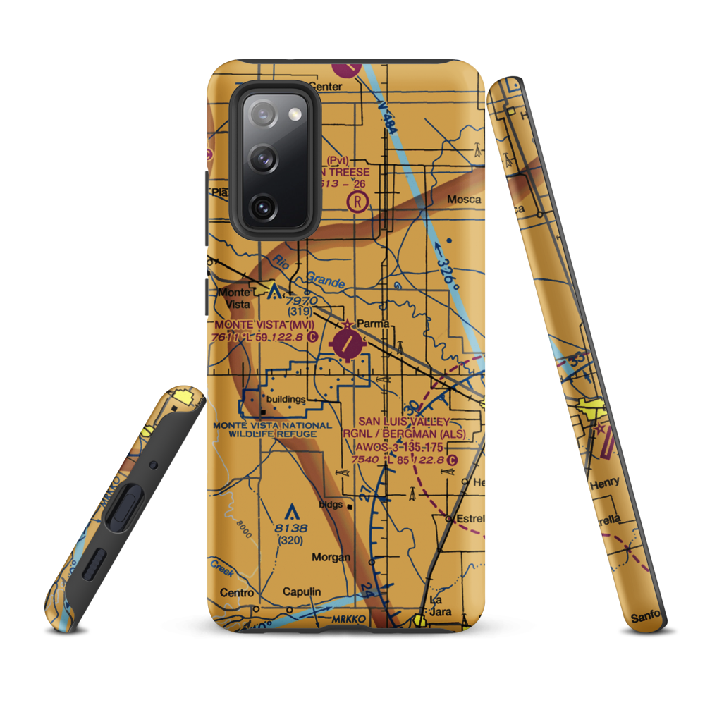 Monte Vista Municipal Airport (MVI) VFR Sectional Samsung Phone Case Samsung Galaxy S20 FE model shown