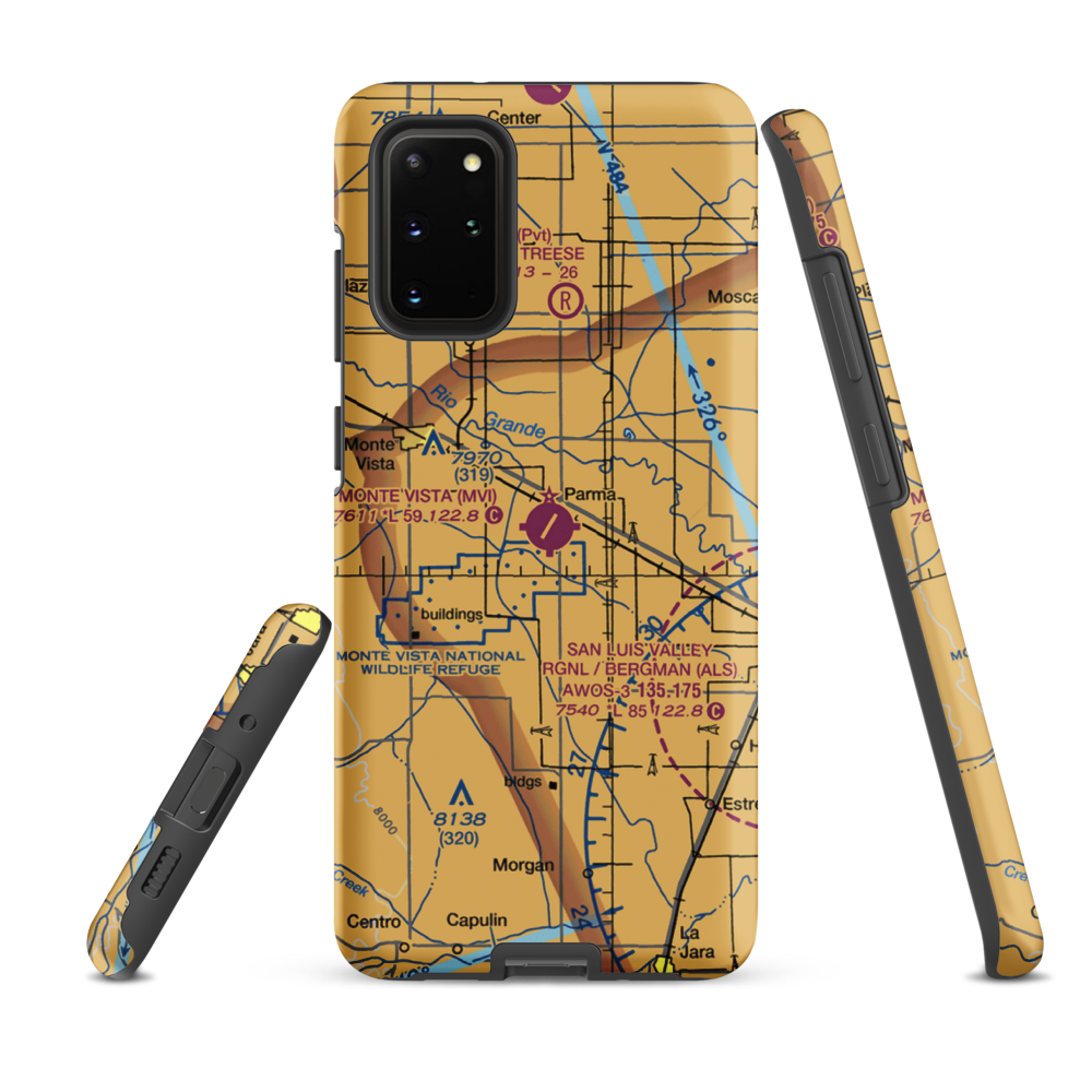 Monte Vista Municipal Airport (MVI) VFR Sectional Samsung Phone Case Samsung Galaxy S20 Plus model shown