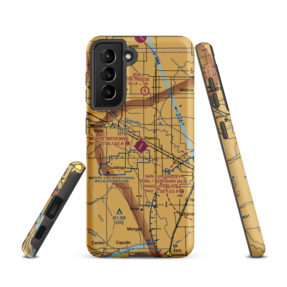 Monte Vista Municipal Airport (MVI) VFR Sectional Samsung Phone Case Samsung Galaxy S21 model shown