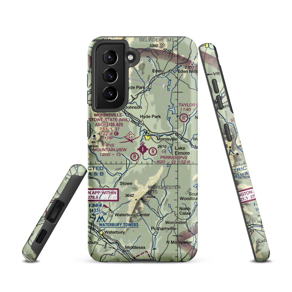 Morrisville Stowe State Airport (MVL) VFR Sectional Samsung Phone Case Samsung Galaxy S21 model shown