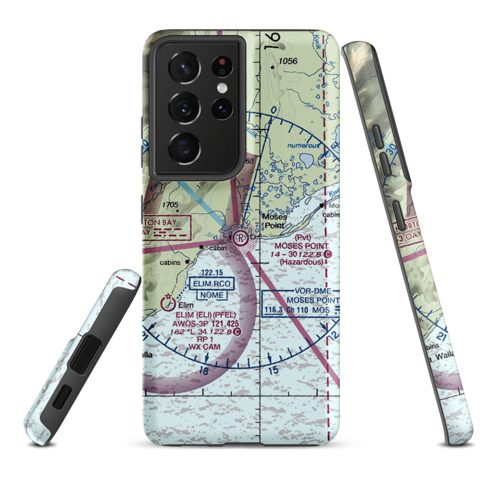 Moses Point Airport (MOS) VFR Sectional Samsung Phone Case Samsung Galaxy S21 Plus model shown