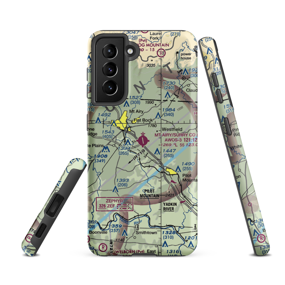 Mount Airy Surry County Airport (MWK) VFR Sectional Samsung Phone Case Samsung Galaxy S21 FE model shown
