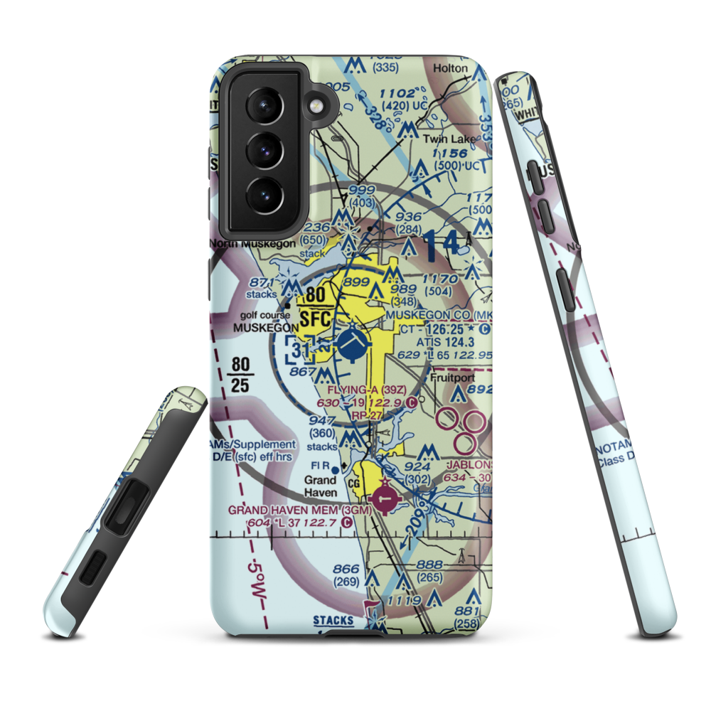 Muskegon County Airport (MKG) VFR Sectional Samsung Phone Case Samsung Galaxy S21 Plus model shown