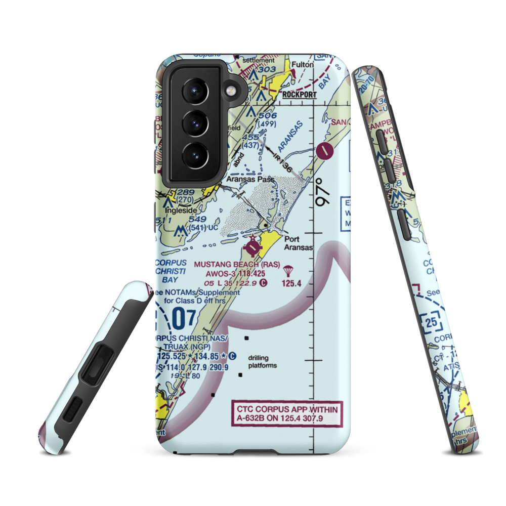 Mustang Beach Airport (RAS) VFR Sectional Samsung Phone Case Samsung Galaxy S21 FE model shown