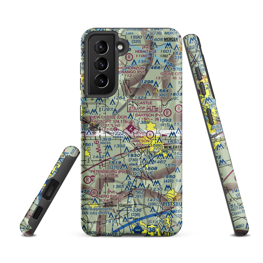 New Castle Municipal Airport (UCP) VFR Sectional Samsung Phone Case Samsung Galaxy S21 FE model shown