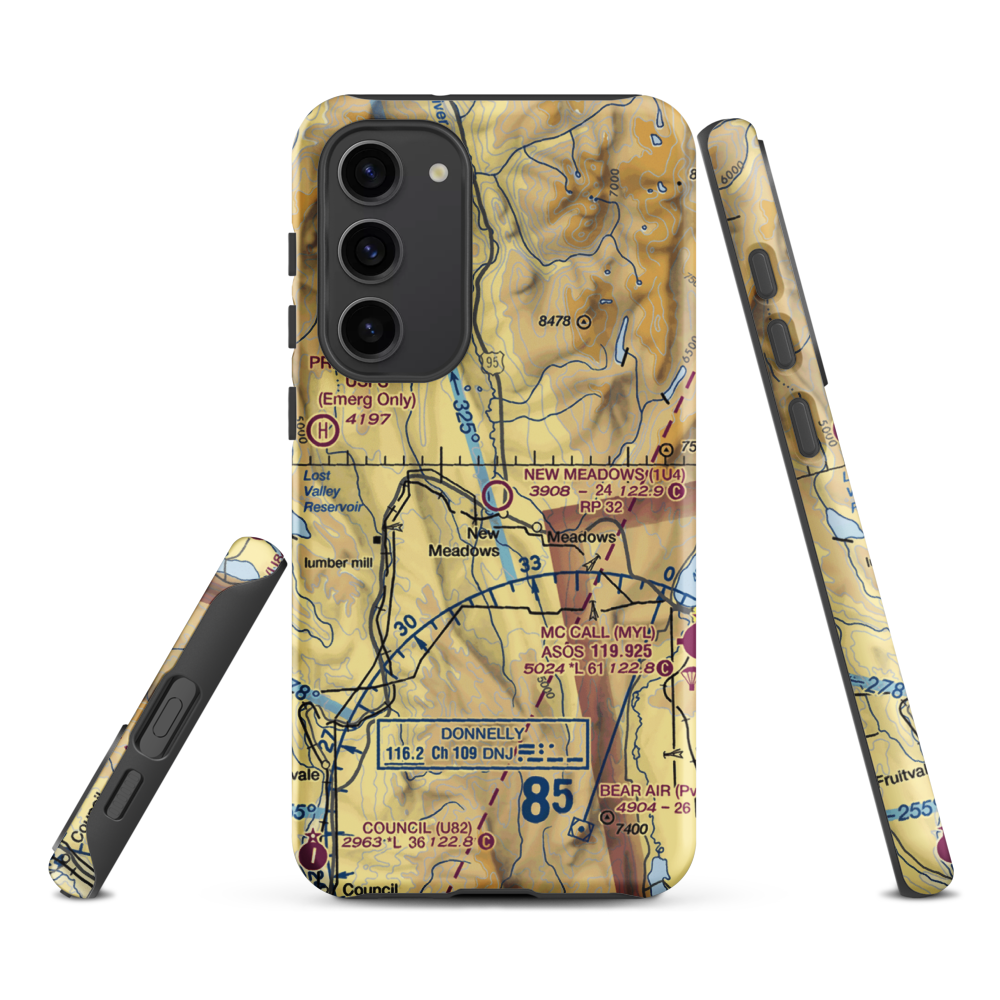 New Meadows Airport (1U4) VFR Sectional Samsung Phone Case Samsung Galaxy S23 Plus model shown