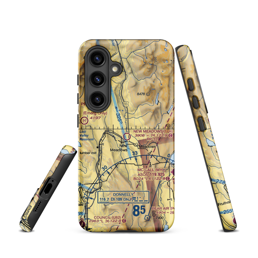New Meadows Airport (1U4) VFR Sectional Samsung Phone Case Samsung Galaxy S24 model shown