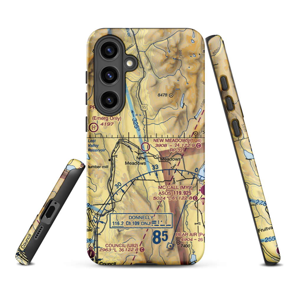 New Meadows Airport (1U4) VFR Sectional Samsung Phone Case Samsung Galaxy S24 Plus model shown