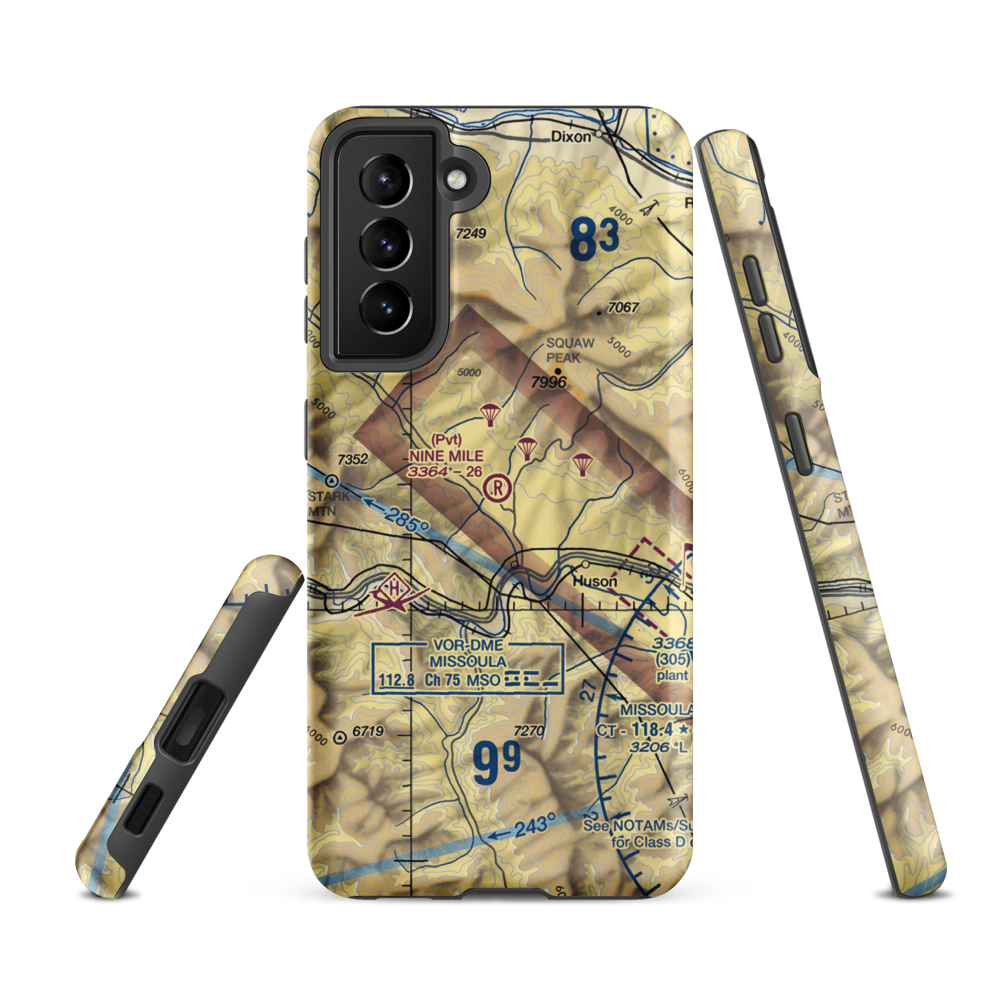 Nine Mile Airport (MT52) VFR Sectional Samsung Phone Case Samsung Galaxy S21 FE model shown