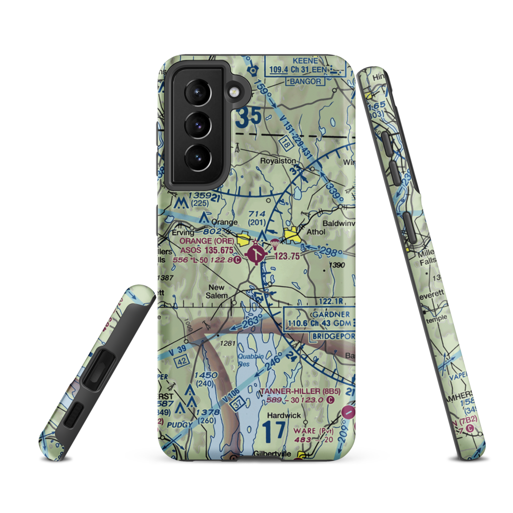 Orange Municipal Airport (ORE) VFR Sectional Samsung Phone Case Samsung Galaxy S21 FE model shown