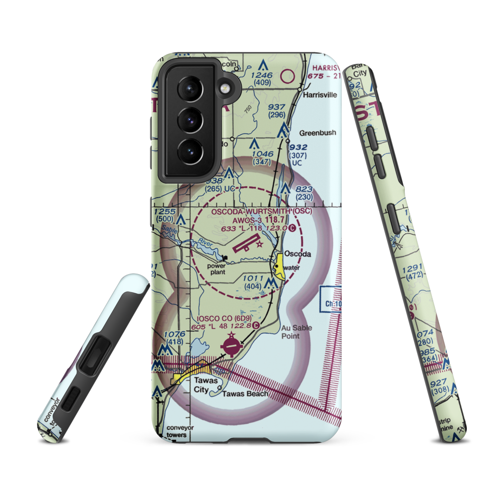 Oscoda Wurtsmith Airport (OSC) VFR Sectional Samsung Phone Case Samsung Galaxy S21 FE model shown