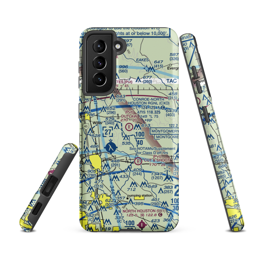 Outlaw Flyers Airport (16XS) VFR Sectional Samsung Phone Case Samsung Galaxy S21 FE model shown